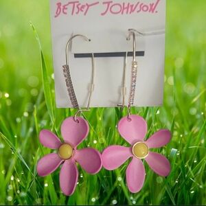 NEW Betsey Johnson Flower Drop Earings Tiny Crystals in Hoops, Pink/Gold/Yellow